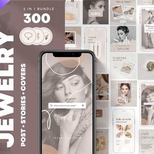 3in1 Jewelry Instagram Template Bundle. Jewelry Social Media Post, Story & Highlights Designs. Jewelry Store Neutral Insta Feed in Canva.