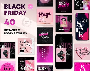 Black Friday Hot pink sale Instagram template Canva post story. Luxury fashion product design Instagram pack. Bright Social media marketing