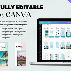 May include: A laptop screen displaying a Canva design template for a travel itinerary. The template is for a trip to Hawaii and includes sections for flights, accommodation, activities, and daily itineraries. The template is fully editable and can be customized with your own text, images, and colors.