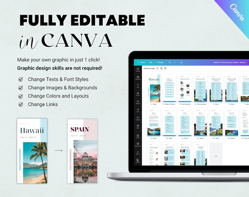 May include: A laptop screen displaying a Canva design template for a travel itinerary. The template is for a trip to Hawaii and includes sections for flights, accommodation, activities, and daily itineraries. The template is fully editable and can be customized with your own text, images, and colors.