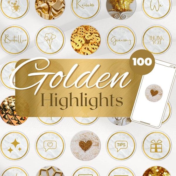 100 Gold Instagram Story Highlight Cover. Handgeschriebene Lux Icon Cover. Goldener Insta Feed. Blogger oder Produkt IG Social Media Branding.