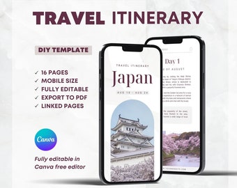 Japan Travel Itinerary: Mobile Planner Template (Canva Editable)