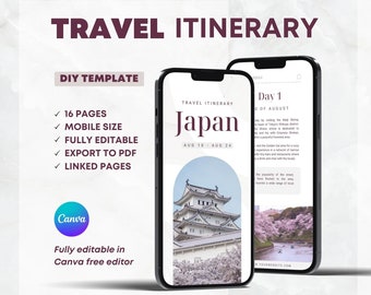 Japan Travel Itinerary Digital Template. Mobile Editable Planner. Canva Tour Organizer. Traveling Guide Design. Travel Agent Vacation Plan