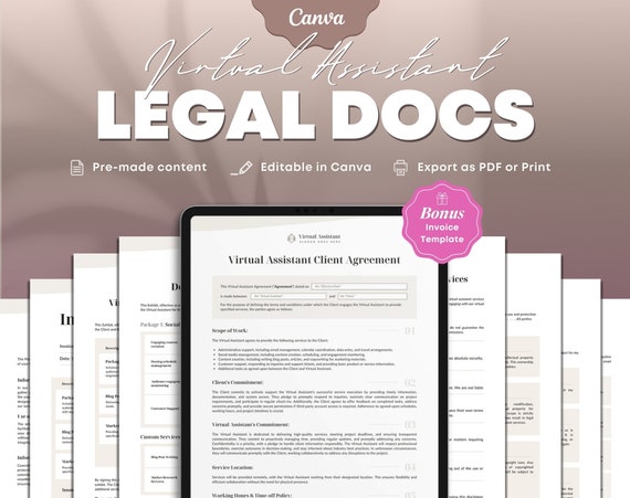 Virtual Assistant Legal Agreement Templates: Client Contract, Invoice (Canva)