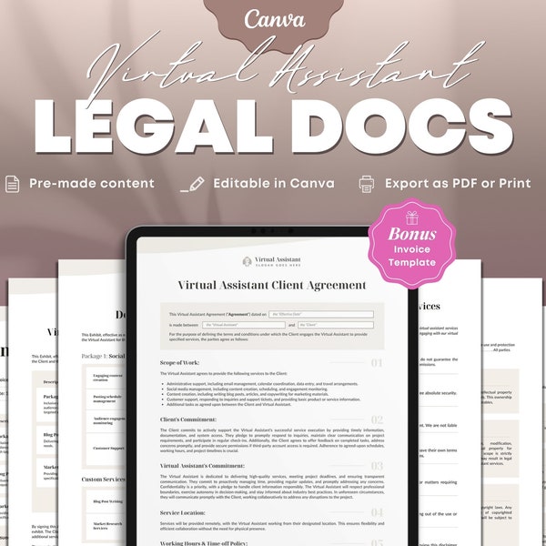 Virtual Assistant Agreement & Legal Documents Templates Packet. Consent and Release Form, Contract, Invoice, Privacy Policy, Welcome Intake