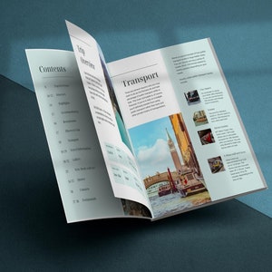May include: An open travel guide with a white background and black text. The guide is titled "Contents" and "Trip Overview". The right page features a photo of a canal in Venice, Italy with a gondola and the text "Transport".
