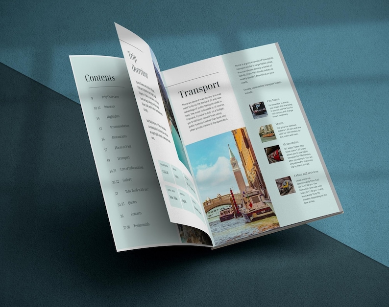 May include: An open travel guide with a white background and black text. The guide is titled "Contents" and "Trip Overview". The right page features a photo of a canal in Venice, Italy with a gondola and the text "Transport".