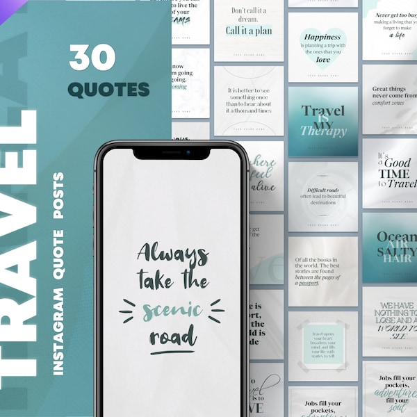 30 Travel Quotes Instagram Posts Templates. Inspiration Quotes Social Media Feed. Vacation Insta Blue Post Template. Handwritten Canva Quote