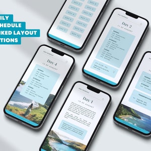May include: Five smartphone screens displaying a daily schedule for a trip. Each screen shows a different day of the trip, with a blue and white color scheme. The screens are arranged in a staggered pattern, with the top screen showing Day 1 and the bottom screen showing Day 14.