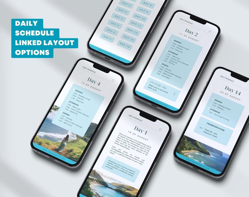 May include: Five smartphone screens displaying a daily schedule for a trip. Each screen shows a different day of the trip, with a blue and white color scheme. The screens are arranged in a staggered pattern, with the top screen showing Day 1 and the bottom screen showing Day 14.