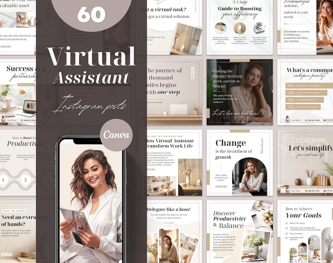 Virtual Assistant Instagram Post Templates: 60 Canva Designs (digital ...