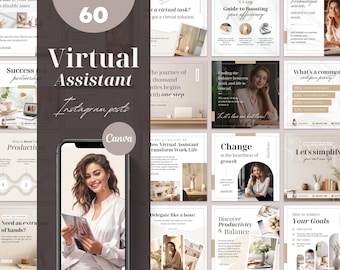 Virtual Assistant Instagram Post Templates: 60 Canva Designs (Digital Download)