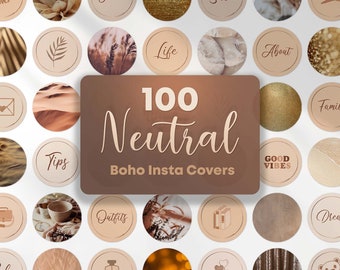 Boho beige Instagram story highlight covers. Pastel brown photo and icons for fashion, beauty blogger branding. Story images
