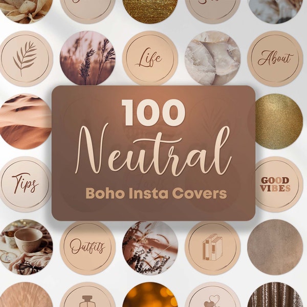 Boho beige Instagram story highlight covers. Pastel brown photo and icons for fashion, beauty blogger branding. Story images