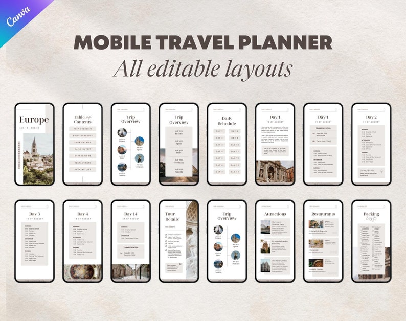 Europe Travel Itinerary Mobile Template. Digital Editable Etsy
