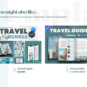 May include: Two digital mockups of travel guides. The first mockup is a travel agent bundle with a blue and green color scheme. The second mockup is a travel guide template with a blue and green color scheme. Both mockups are editable in Canva.