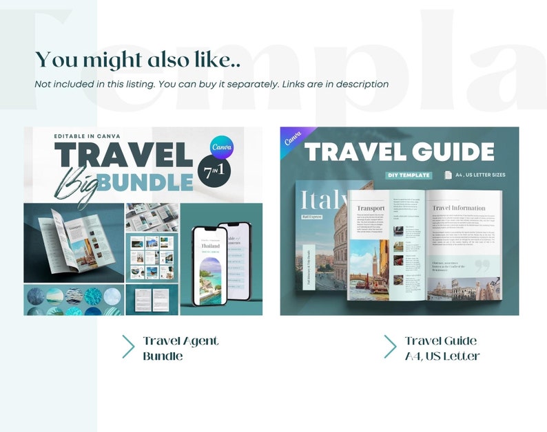 May include: Two digital mockups of travel guides. The first mockup is a travel agent bundle with a blue and green color scheme. The second mockup is a travel guide template with a blue and green color scheme. Both mockups are editable in Canva.