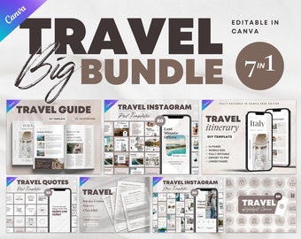 May include: A digital product bundle for travel planning and social media. The bundle includes 7 different templates: a travel guide, Instagram post templates, Instagram story templates, travel quotes, travel itinerary, intake forms, and travel highlight covers. The templates are fully editable in Canva.