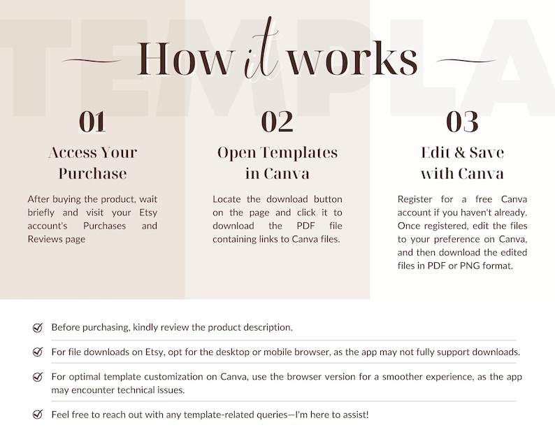 May include: A three-step guide on how to access, edit, and save Canva templates purchased on Etsy. The guide includes instructions on how to download the PDF file containing links to Canva files, register for a free Canva account, and edit and save the files in PDF or PNG format.