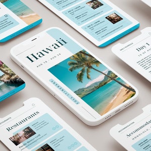 May include: A mobile phone screen displaying a travel itinerary for a trip to Hawaii. The itinerary includes a full itinerary, restaurants, accommodation, and a daily schedule. The phone screen shows a photo of a tropical beach with palm trees and blue water.