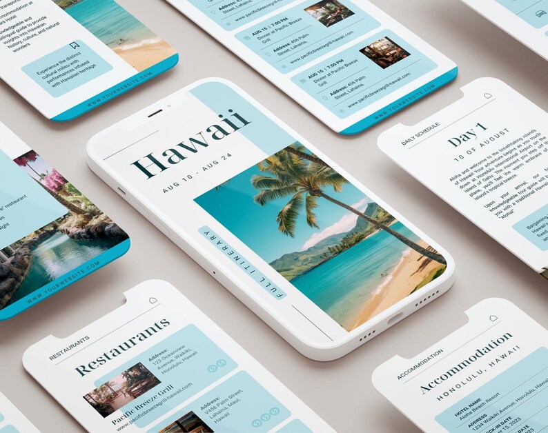 May include: A mobile phone screen displaying a travel itinerary for a trip to Hawaii. The itinerary includes a full itinerary, restaurants, accommodation, and a daily schedule. The phone screen shows a photo of a tropical beach with palm trees and blue water.