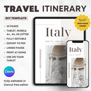 Travel Itinerary Printable & Digital Template. Canva Editable Tour Planner. Italy Trip Organizer. Tablet, Mobile, Paper Vacation DIY Design