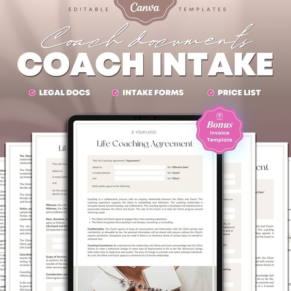 Coaching Intake Forms, Contract, Price list, Invoice Templates editable in Canva. Life Coach Welcome Client Packet for Course Creator.