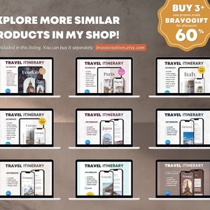 May include: Nine laptop computer screens displaying printable travel itinerary templates for various destinations, including London, Paris, Italy, Europe, Japan, Greece, Germany, Tenerife, and France. The text "BUY 3+ use promo code BRAVOGIFT for discount 60%" is displayed in a yellow circle at the top right corner of the image.