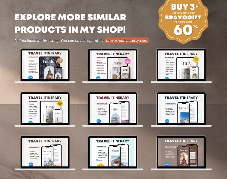 May include: Nine laptop computer screens displaying printable travel itinerary templates for various destinations, including London, Paris, Italy, Europe, Japan, Greece, Germany, Tenerife, and France. The text "BUY 3+ use promo code BRAVOGIFT for discount 60%" is displayed in a yellow circle at the top right corner of the image.
