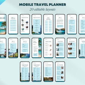 May include: A mobile phone screen displaying a travel planner template with 20 editable layouts. The template includes sections for trip overview, daily schedule, tour details, attractions, restaurants, packing list, flight details, and accommodations. The template is designed for use on a mobile device and features a blue and white color scheme.