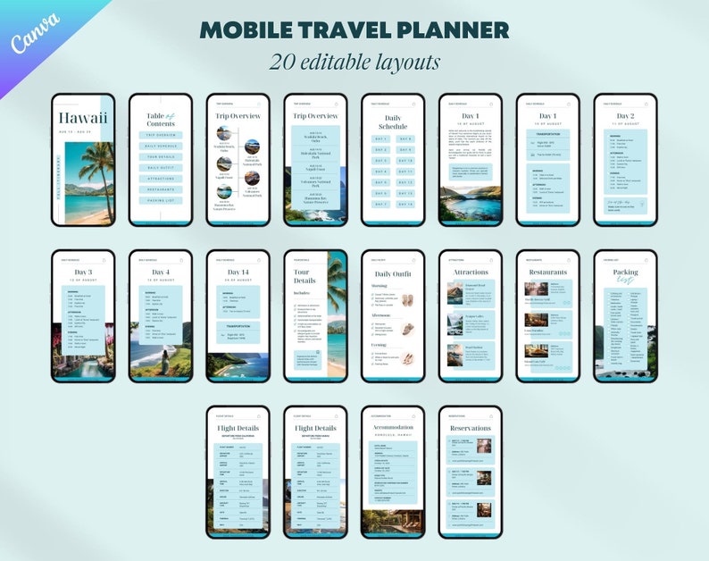 May include: A mobile phone screen displaying a travel planner template with 20 editable layouts. The template includes sections for trip overview, daily schedule, tour details, attractions, restaurants, packing list, flight details, and accommodations. The template is designed for use on a mobile device and features a blue and white color scheme.