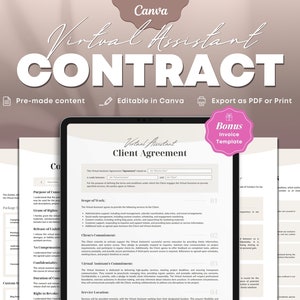 Op de afbeelding: Een digitaal sjabloon voor een virtuele assistent-overeenkomst. De sjabloon is ontworpen voor gebruik met Canva en bevat een bonusfactuursjabloon. De tekst op de sjabloon luidt "Virtuele assistent-contract" en "Klantenovereenkomst".