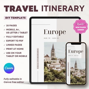 Reiseplan Digitale & Druckbare Vorlage. Bearbeitbar in Canva. Europa Reiseplaner. Tour eBook und Mobile Organizer. DIY Urlaubsplan.