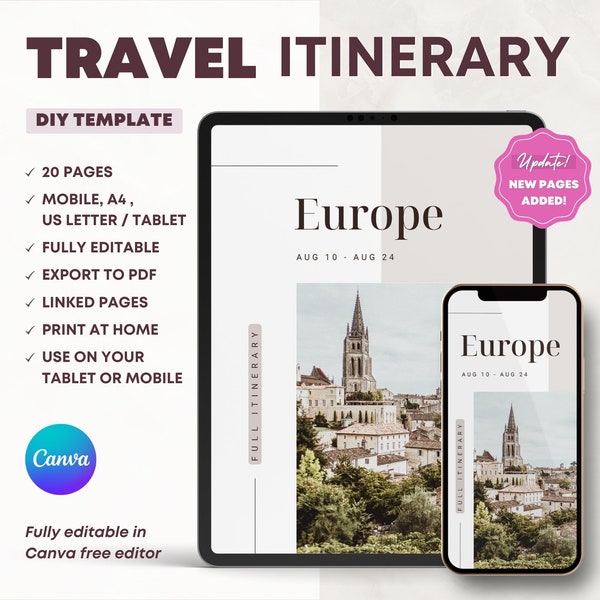 Travel Itinerary Digital & Printable Template. Editable in Canva. Europe Trip Planner. Tour eBook and Mobile Organizer. DIY Vacation Plan.