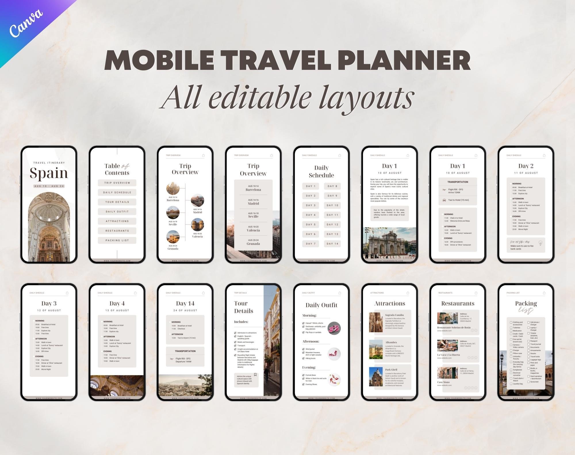 Mobile Travel Itinerary Template Minimalist Canva Design. - Etsy