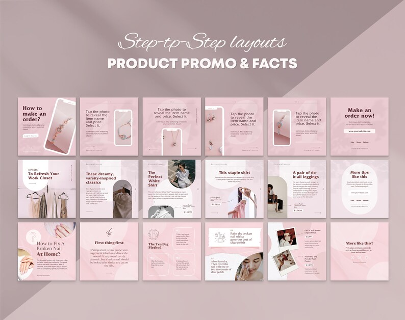 Instagram Carousel post designs are fully editable and have different unique layouts. All templates come with free photos and graphics. You can use graphic and photos about beauty and fashion business absolutely free.