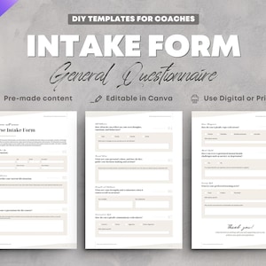 Könnte beinhalten: Eine druckbare Aufnahmeformularvorlage für Coaches mit dem Titel "Aufnahmeformular" und dem Untertitel "Allgemeiner Fragebogen". Das Formular enthält Abschnitte für grundlegende Informationen, Kurserwartungen und persönliche Reflexionen.