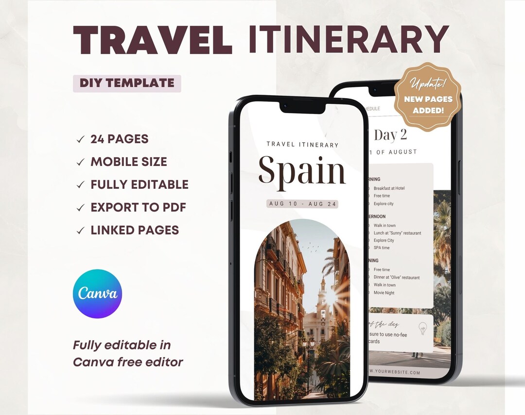 Mobile Travel Itinerary Template: Editable Canva Planner (24 Pages) - Etsy
