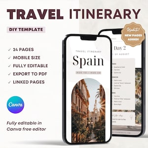 Mobile Reiseplan Vorlage im minimalistischen Canva Design. Reiseagent Digital bearbeitbarer Planer. ästhetik Europa, Spanien Reiseveranstalter.