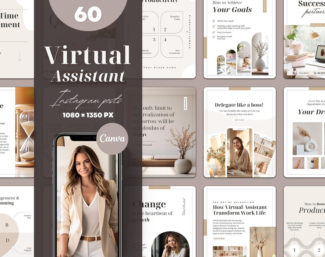 Virtual Assistant Instagram Post Templates: Neutral Canva Feed (60 ...