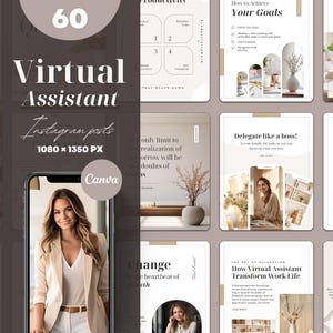 Virtual Assistant Instagram Post Templates: Neutral Canva Feed (60 Posts)