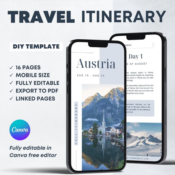 Austria Travel Itinerary Digital Template. Mobile Trip Canva Editable Organizer. Vacation Guide Tour Planner. Travel Agent Weekend Plan