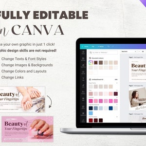 May include: A laptop screen displays a Canva design interface with a nail art theme. The text "FULLY EDITABLE in CANVA" is at the top. The design includes the text "Beauty at Your Fingertips" and options to change text, images, backgrounds, colors, and links.