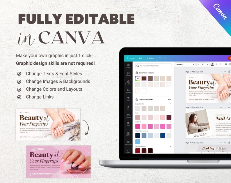 May include: A laptop screen displays a Canva design interface with a nail art theme. The text "FULLY EDITABLE in CANVA" is at the top. The design includes the text "Beauty at Your Fingertips" and options to change text, images, backgrounds, colors, and links.