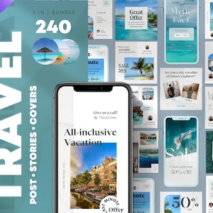 3in1 Travel Agent Instagram Template Bundle. Social Media Travel Agency Post & Story Canva Pack. Travel blogger about Vacation Insta Feed.