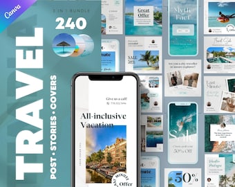 May include: A collection of 240 travel-themed Instagram story templates. The templates feature a variety of designs, including photos of beaches, cities, and nature. The text on the templates includes phrases like "Great Offer", "Last Minute", and "All-inclusive Vacation".