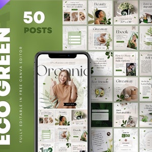 50 Green Skincare Esthetic Instagram Canva Post Templates. Greenary Zero Waste Product Healthy Lifestyle IG Blog Posts. Nature Boho IG Feed