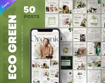 50 Green Skincare Esthetic Instagram Canva Post Templates. Greenary Zero Waste Product Healthy Lifestyle IG Blog Posts. Nature Boho IG Feed