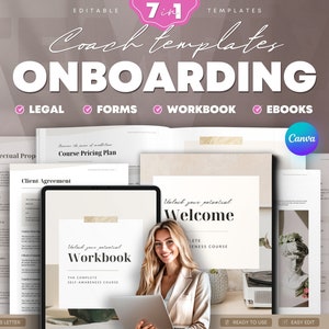 Coaching Course Welcome Packet Templates. Coach E-book, Intake Forms, Legal Documents Bundle Editbale in Canva. Printable Onboarding Guide.