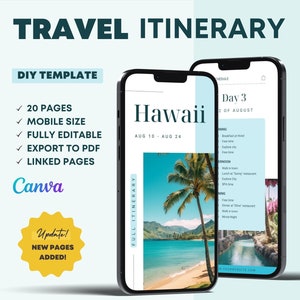 May include: A mobile phone screen displaying a travel itinerary template for a trip to Hawaii. The template is designed for use with Canva and includes 20 pages, mobile size, full editability, export to PDF, and linked pages. The template features a beach scene with palm trees and turquoise water.